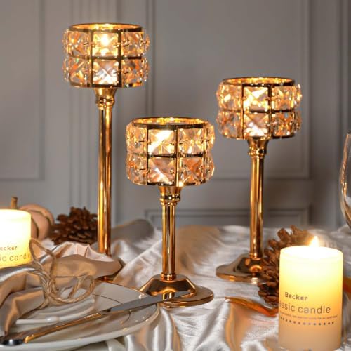 Crystal Metal Candle Holder, Square Crystal Beads Bling Tea Light Candlestick, Tall Votive Candelabra Elegant Centerpiece for Table Wedding Decoration, Home Decor (Gold, 4 Set (12pcs) - Image 6