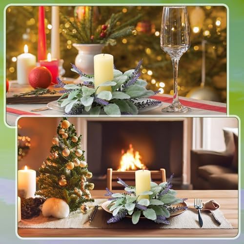 Daifunli 2 Pcs Christmas Candle Rings Lambs Ear Lavender Wreaths for Pillar 3.9 Inch Lambs Ear Lavender Candles Holder for Winter Christmas Xmas Wedding Home Rustic Table Centerpiece Decor - Image 3