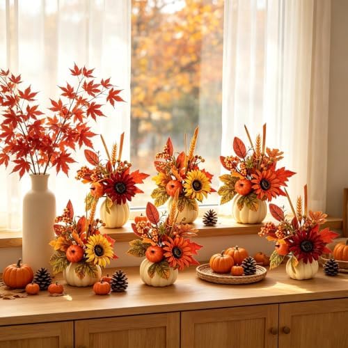 YLOLUL 6 Set Mini Fall Pumpkin with Artificial Flower Decorations Thanksgiving Sunflower Centerpieces for Tables Harvest Fall Table Floral Decor Autumn Fireplace Mantle Living Room Home Kitchen Party - Image 5