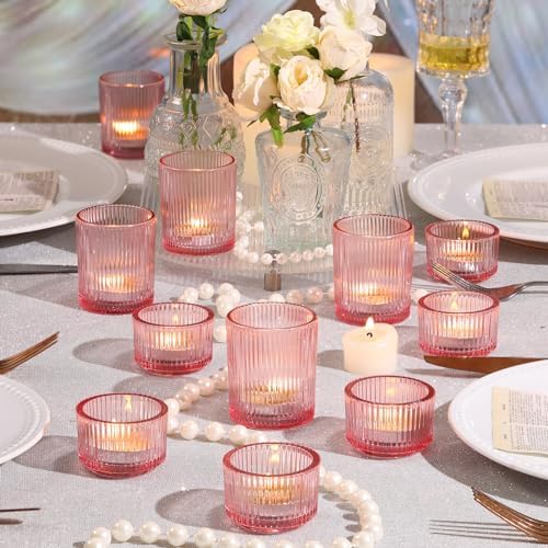 NITIME 20pcs Assorted Ribbed Pink Votive Candle Holders, Tealight Candle Holder for Valentine's Day, Pink Candle Holders for Wedding Table Decor, Mother' s Day, Bridal Shower and Party Decorations - Image 4
