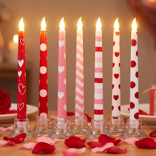 Lounsweer 8 Pcs Valentines Day Flameless Taper Candles 10 Inch LED Valentines Day Flameless Candle Pink Red and White Heart Battery Operated Long Unscented Candlesticks for Anniversary Party Table by Lounsweer