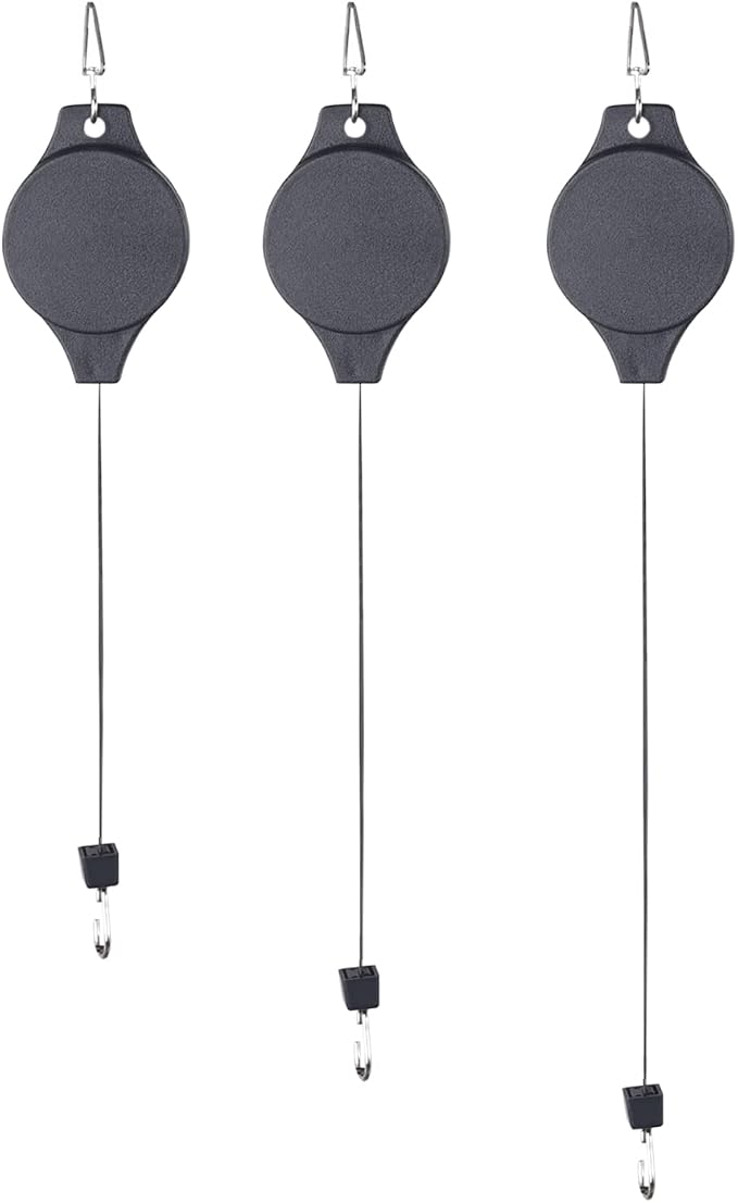 Sungmor Plant Pulleys 3PC Black Adjustable Plant Hangers, Indoor Outdoor Retractable Hanging Plant Hook, Telescopic Higher Lower Easy Reach Ceiling Hooks for Hanging Flower Basket Planter Bird Feeder