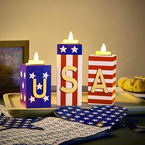 BlcTec 4th of July Decorations, 3 PCS Patriotic Wood Candle Holders with Tea Lights, Rustic Farmhouse Centerpieces for Home, Tiered Tray, Tabletop, Mantel, Office, Porch, Memorial Day, July 4th Décor - Image 5
