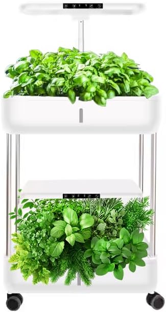 Indoor Hydroponic Garden System, 3-Tier Mobile Growing Cart with LED Lights, Adjustable Shelves, Black (2 Tiers_White)
