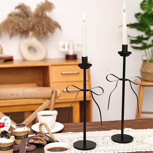 Black Bow Taper Candle Holders Set of 2, Modern Metal Stands - Image 4