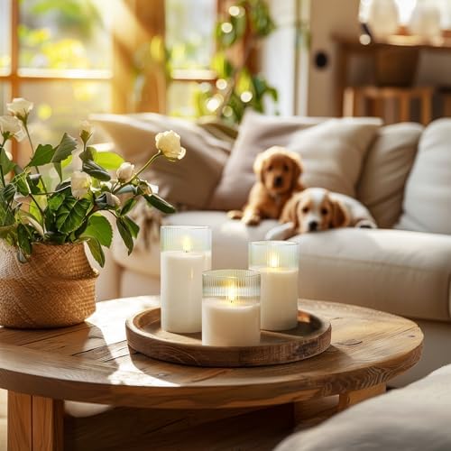 Amagic White Ribbed Glass Flameless LED Pillar Candles with Remote Timer - Image 2