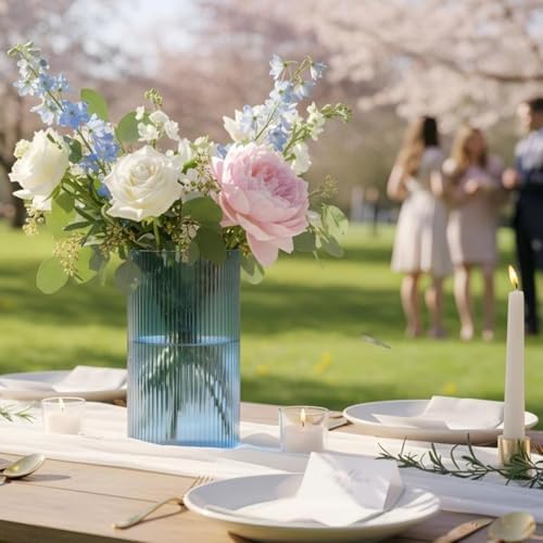 Glass Cylinder Vase 6 Inch Tall- Blue Ribbed Decor for Wedding Centerpieces - Image 6