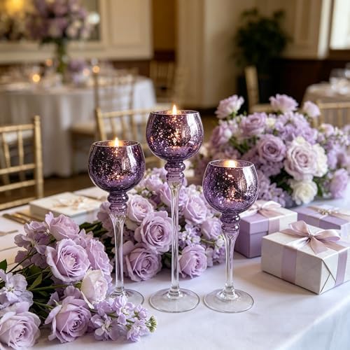 Hosley Set of 3 Crackle Purple Glass Tealight Holders 12 Inch, 10 Inch, 9 Inch Heights for Captivating Candlelight Ambiance Radiant Elegance - Image 6