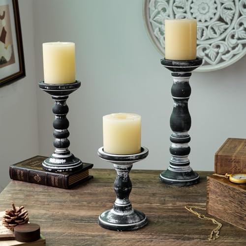 Wood Pillar Candle Holder: Rustic Distressed Black Candle Stand - Image 2