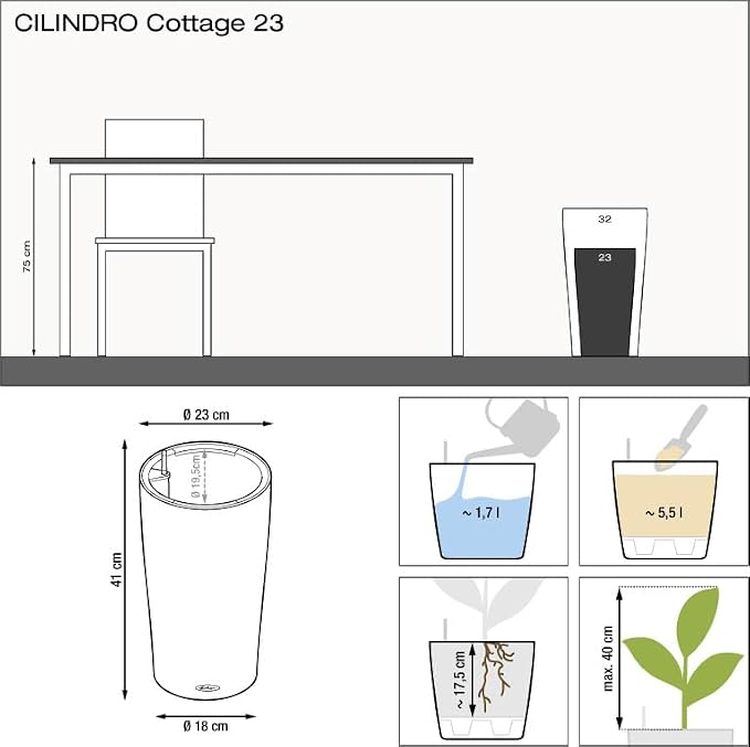 CILINDRO Cottage 23 Sand Brown, Self-Watering Tall Planter, D9.1 H16.1 in