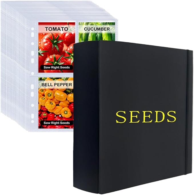 Extra Large Seed Storage Organizer Binder,3 Ring Seed Packet Organizer with 200 Pockets(50 Pack Clear Sheet Protectors), Garden Seed Holder Book for Envelopes, Seed Saving Keeper, Black