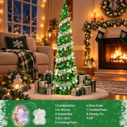 5FT Pop Up Christmas Tree with 90 LED Lights, Collapsible Artificial Pencil Christmas Tree, Tinsel Skinny Christmas Trees for Home Apartment Porch Indoor Outdoor Holiday Decorations - Image 5