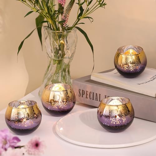 Volens Purple Votive Candle Holders Set of 12, Round Mercury Glass Votives - Image 5
