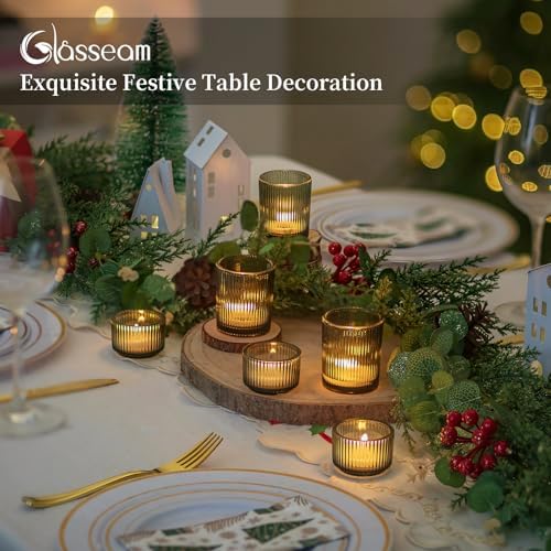 Glasseam Glass Votive Candle Holders: 8 Pcs Ribbed Green Tealight for Decor - Image 3