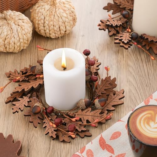 Daifunli 2 Pcs Fall Candle Rings for Pillar 3.9 Inch Wood Oak Leaves Acorn - Image 3