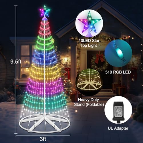 9.5FT Smart LED Christmas Cone Tree Lights, Lighted Outdoor Christmas Tree with Timer Remote & APP Control, DIY RGB Color Changing Light Show with Music Sync for Indoor Outside Xmas Decorations - Image 2
