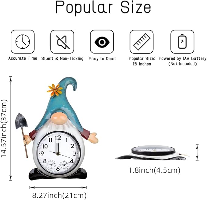 14.5'' Gnome Outdoor Clock with Thermometer & Humidity | Silent No-Ticking, Quartz Clock Waterproof, Decor for Patio, Living Room, Kitchen