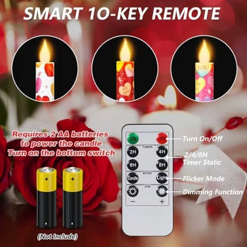 Valentine Taper Candles, 6 Pcs 10.6 Inch Flameless LED Candlesticks with Remote & Timer, Battery Operated Conversation Heart Decor for Valentine‘s Day Dinner Anniversary Wedding Table Decor - Image 2