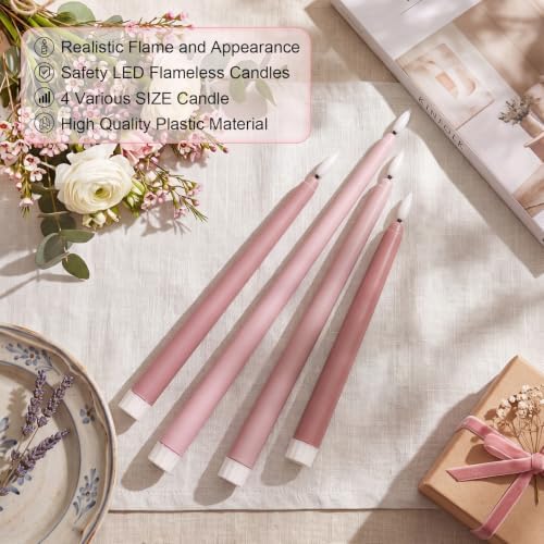 Rossesay 24 Pcs Flameless LED Taper Candles Battery Operated Candle 8.5", 9.65", 10.8", 12.8" Flameless Candlesticks Flickering for Christmas Church Wedding Indoor Decoration(Classic, Pink Tones) - Image 2