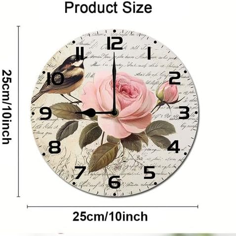 Love Birds Roses Flowers Wooden Silent Non-Ticking 10 Inch Round Clocks Battery Operated Analog for Living Room Kitchen Bedroom Bathroom Office Home School Decor