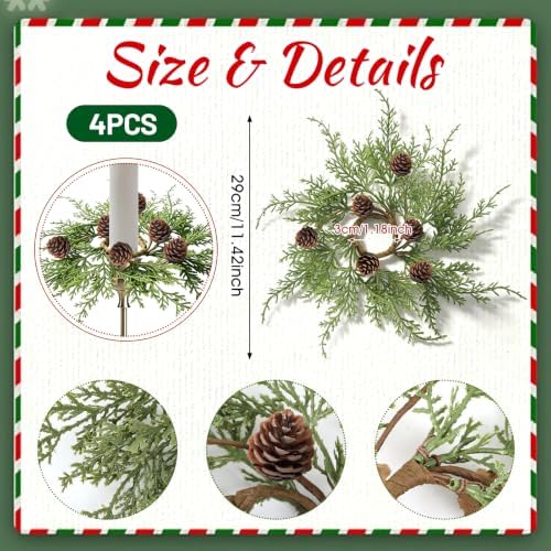 4 PCS 1.38" Mini Christmas Cedar Taper Candle Rings Holder Wreaths - Image 3