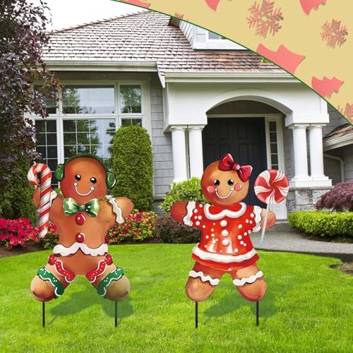 Zonon 2 Pcs Christmas Metal Yard Stakes 3D Gingerbread Boy Girl 27.5 Inch - Image 6