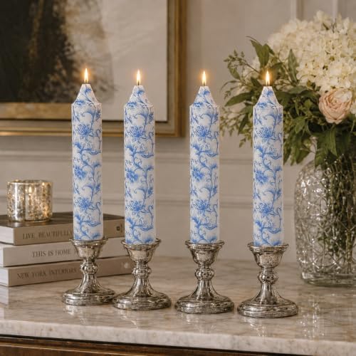 NJAO HOO Floral Taper Candles 7 Inch Short Candlesticks Hand Printed Blue and White Floral Candlesticks Unscented Tapered Candle Set for Spring Home Garden Decor, 4Pcs - Image 4