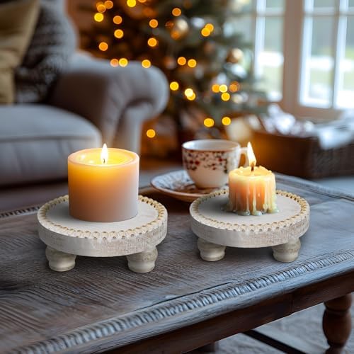 Small Wood Risers for Decor, Round Wooden Display Risers Candle Plates and Trays, Farmhouse Candle Trays Home Decor, Pedestal Stand for Mini Cake, Mug Display Decorative, Table Centerpiece, White - Image 5