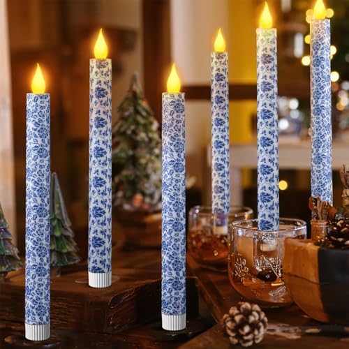 6 Pcs Blue and White Chinoiserie Flameless Candles – 10.6 Inch Porcelain Style Taper Candlesticks, Battery Operated LED Blue Candles for Wedding, Home & Table Centerpiece Decor by Unknown