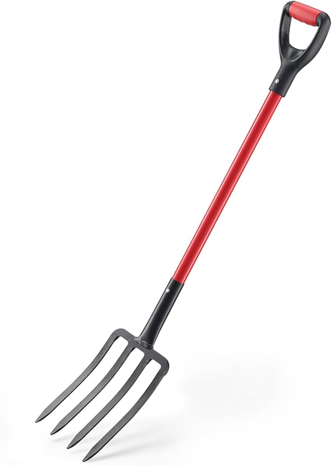 Garden Fork, 44-Inch One-Piece 4-Tine Digging Fork with Fiberglass Handle | Forged steel 4-tine fork for compost turning, soil loosening, mulch spreading, and raised bed gardening