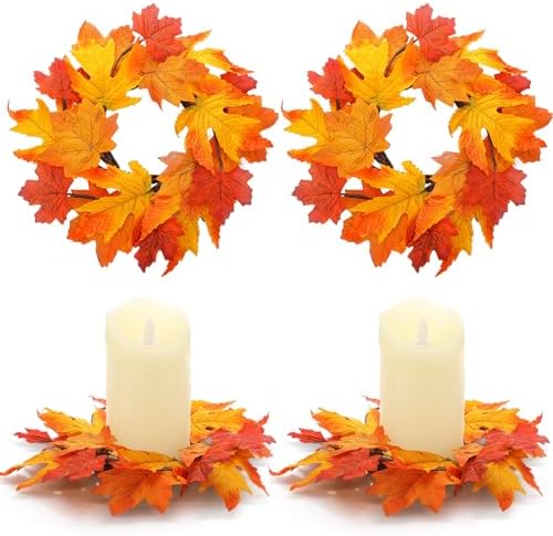Daifunli 2 Pcs Fall Candle Rings Wreaths for Pillar 3.25 Inch Maple Leaves | Vintage Autumn Candles Holder, Artificial Table Centerpiece, Mini Fall Cabinet Wreath, for Thanksgiving Autumn Kitchen Decor by Huiinen