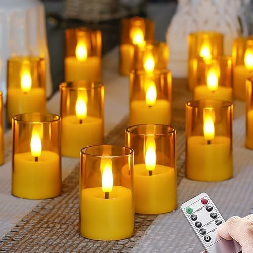 Flameless D: 1.7" H: 2.5" Small Tea Light LED Candles, Acrylic Battery Operated Votive with Remote Control and Timer, Tealight Amber Flickering Warm Light Pack of 15 Electric Long Lasting by Zevanor