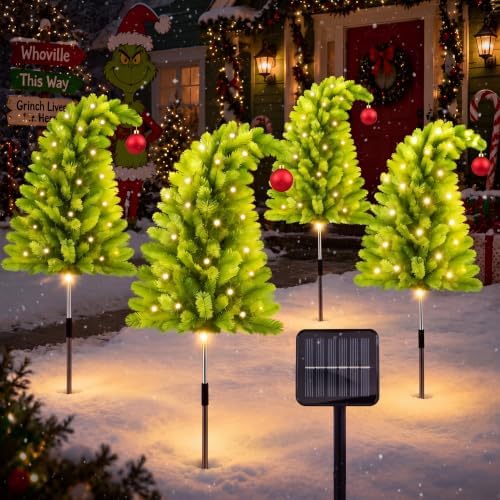 Woanger 4 Pack Outdoor Solar Christmas Tree with Lights, Lime Green, 33 in by Woanger