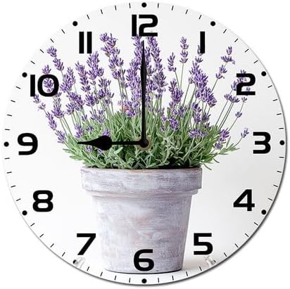 Lavender Watercolor Flower Wooden Silent Non-Ticking 10 Inch Round Clocks Battery Operated Analog for Living Room Kitchen Bedroom Bathroom Office Home School Decor