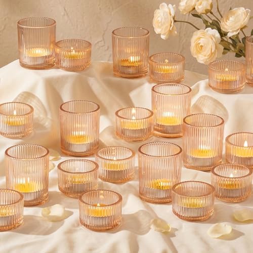 Glasseam Gold Votive Candle Holders, 24 Pcs Ribbed Glass Tealight for Table by Glasseam