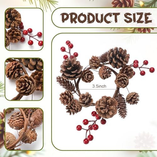 Daifunli 2 Pcs Christmas Pinecone Candle Rings Winter Pinecone Red Berry Vintage Wreath for Pillar 3.5 Inch Candle Holder for Autumn Fall Thanksgiving Winter Christmas Rustic Table Centerpiece Decor - Image 2