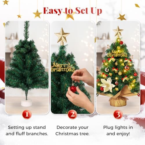 24 Inch Mini Christmas Tree Set with LED Lights, Tabletop Xmas Tree - Image 3