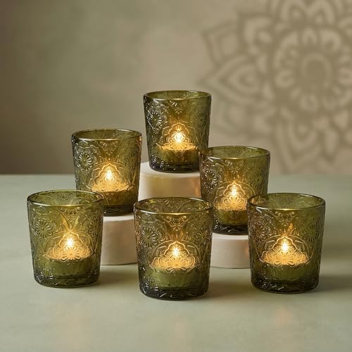 Moss Green Mandala Glass Tealight Holders, 6 Pack by ArtSecret