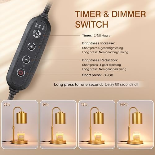CASTLELIFE Candle Warmer Lamp with Timer & Dimmer, Height Adjustable Electric Wax Melt Warmer for Jar Candles, Gifts for Women Mom Home Decor, Gold - Image 3