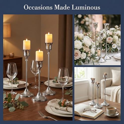 Set of 3 Silver Tapered Candle Holder,Candlestick Tall Metal Candlestick Holders for Table Centerpiece Home Decor for Wedding Fireplace Mantel Housewarming Gift Fits 3/4 Inch Thick Candles - Image 4