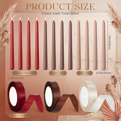 12 Pcs Dark Red and Brown Party Taper Candles with 3 Roll Ribbon - Image 2