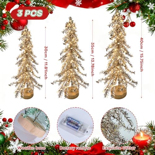 3 Pcs Mini Christmas Tree with Lights, Artificial Bottle Brush Trees with Wooden Bases Christmas Table Decor Small Trees with LED Light String for Decorations，Yellow - Image 4