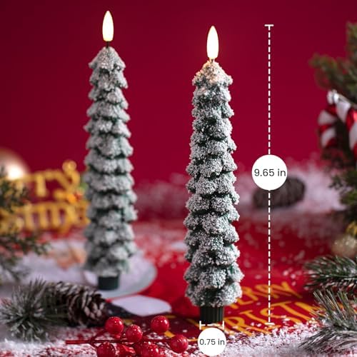 Stmarry 4 PCS Flameless Christmas Tree Candles with Remote, Snow Covered Real Wax Flameless Taper Candles 9.65 Inch, LED Candlesticks Battery Operated with 3D Flickering Flame, Christmas Candles Decor - Image 2