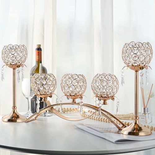 Set of 3 Gold Crystal Tea Light Candlestick Holders Flower Shape with Crystal Pendant Bowl Votive Metal Candle Holder for Table Centerpieces Wedding Home Decor (Set of 3, Gold) - Image 6