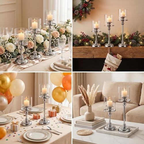 3PCS Sliver Hurricane Candle Holders, Glass Hurricane Candlestick Holders for Pillar Candles, Tall Metal Candle Holders with Removable Glass Shade for Wedding Centerpieces, Dining Table Decor - Image 7