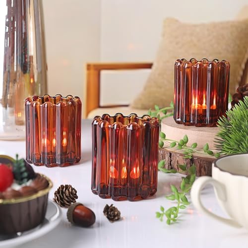 12PCS Glass Amber Votive Candle Holder, Ribbed Tealight Candle Holders - Image 4