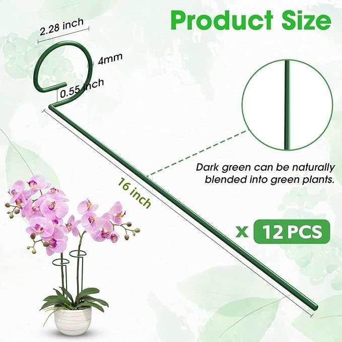 Unves 16" Tall Plant Support Stakes, 12 Pack Garden Flower Plant Stakes Single Stem, Garden Plant Support Cages Rings for Amaryllis Orchid Peony Rose, with 100 Pcs Twist Ties