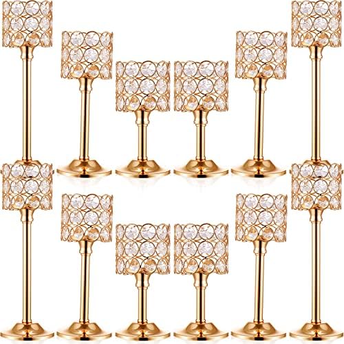 Mumufy 12 Pieces Crystal Candle Holders Set 3 Sizes Tall Crystal Wedding Candlestick Holders Pillar Candelabra Stand for Table Centerpieces for Christmas Party Wedding Dining Decoration (Gold) by Mumufy