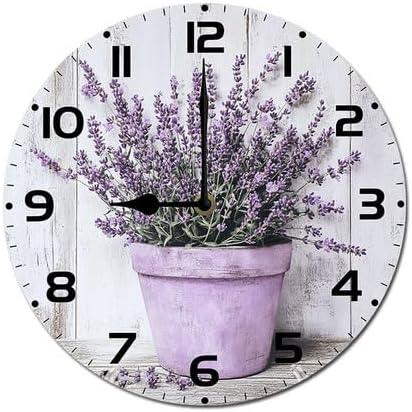 Lavender Watercolor Flower Wooden Silent Non-Ticking 10 Inch Round Clocks Battery Operated Analog for Living Room Kitchen Bedroom Bathroom Office Home School Decor