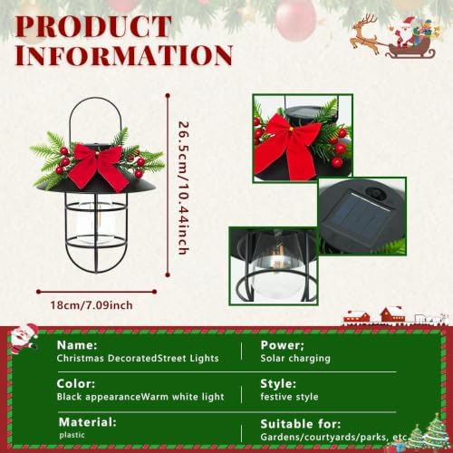 2 Pack Christmas Solar Hanging Lantern with Red Bow & Berry Decor - Image 3